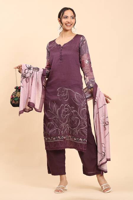 Shop Mamicha Purple Cotton Embroidery Round Neck Floral Thread Kurta Set at Aza Fashions Shop_Mamicha_Purple Cotton Embroidery Round Neck Floral Thread Kurta Set_at_Aza_Fashions