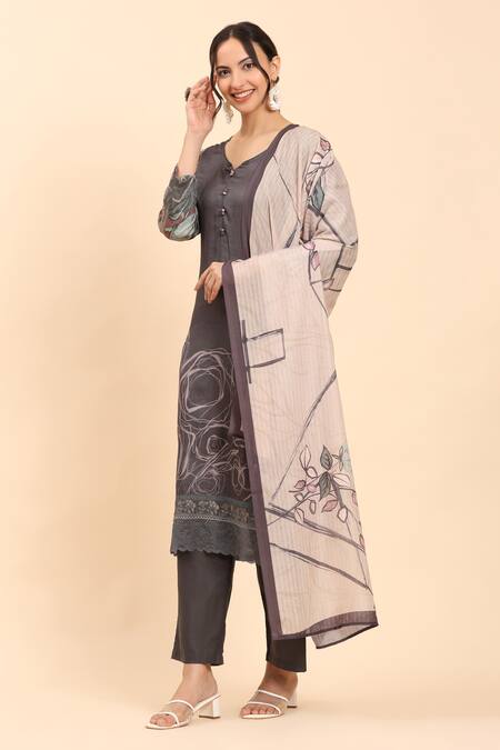 Buy Mamicha Gray Cotton Embroidery Round Neck Grey Thread Work Kurta Set With Dupatta Online at Aza Fashions Buy_Mamicha_Gray Cotton Embroidery Round Neck Grey Thread Work Kurta Set With Dupatta_Online_at_Aza_Fashions