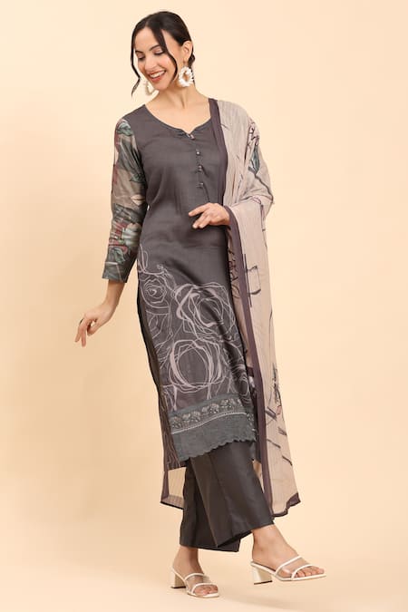 Shop Mamicha Gray Cotton Embroidery Round Neck Grey Thread Work Kurta Set With Dupatta Online at Aza Fashions Shop_Mamicha_Gray Cotton Embroidery Round Neck Grey Thread Work Kurta Set With Dupatta_Online_at_Aza_Fashions