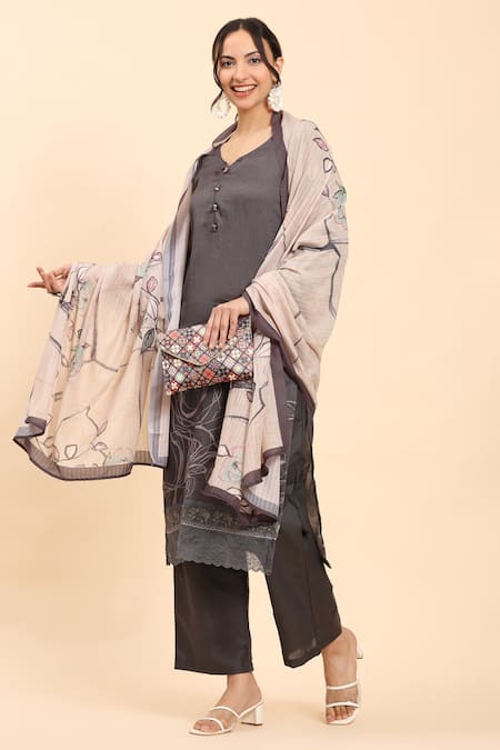 Buy Mamicha Gray Cotton Embroidery Round Neck Grey Thread Work Kurta Set With Dupatta Buy_Mamicha_Gray Cotton Embroidery Round Neck Grey Thread Work Kurta Set With Dupatta