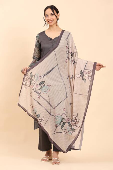 Shop Mamicha Gray Cotton Embroidery Round Neck Grey Thread Work Kurta Set With Dupatta Shop_Mamicha_Gray Cotton Embroidery Round Neck Grey Thread Work Kurta Set With Dupatta