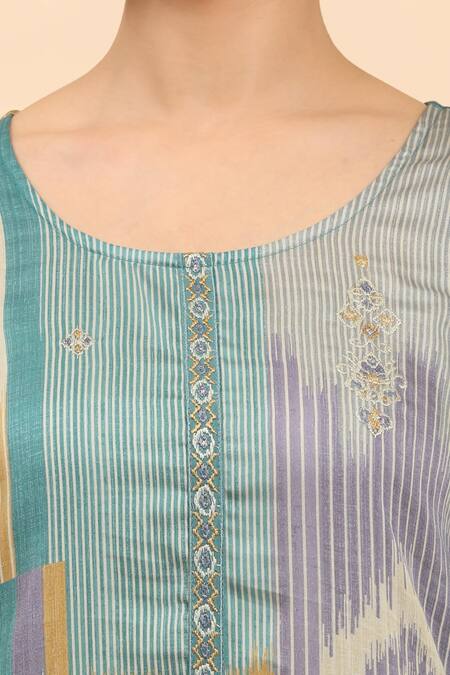 Shop_Mamicha_Blue Cotton Embroidery Round Neck Geometric Printed Kurta Palazzo Set_Online_at_Aza_Fashions