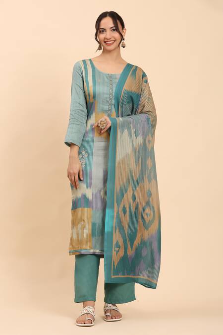 Mamicha_Blue Cotton Embroidery Round Neck Geometric Printed Kurta Palazzo Set_at_Aza_Fashions