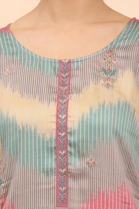 Shop Mamicha Blue Cotton Embroidery Round Neck Geometric Print Kurta Palazzo Set Online at Aza Fashions Shop_Mamicha_Blue Cotton Embroidery Round Neck Geometric Print Kurta Palazzo Set_Online_at_Aza_Fashions