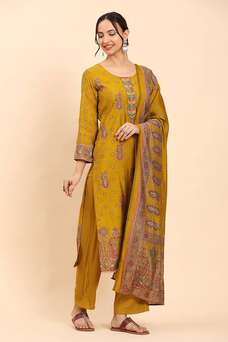 Shop Mamicha Yellow Cotton Embroidery Round Neck Kurta Set With Palazzo And Dupatta Online at Aza Fashions Shop_Mamicha_Yellow Cotton Embroidery Round Neck Kurta Set With Palazzo And Dupatta_Online_at_Aza_Fashions