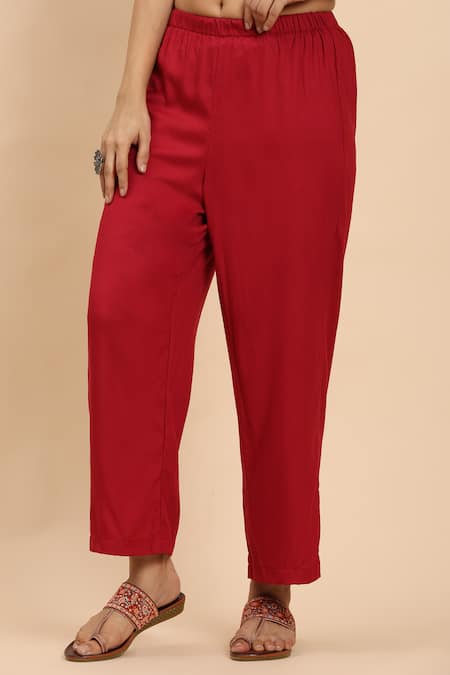 Mamicha Red Cotton Embroidery Round Neck Thread Kurta Palazzo Set Online at Aza Fashions Mamicha_Red Cotton Embroidery Round Neck Thread Kurta Palazzo Set_Online_at_Aza_Fashions