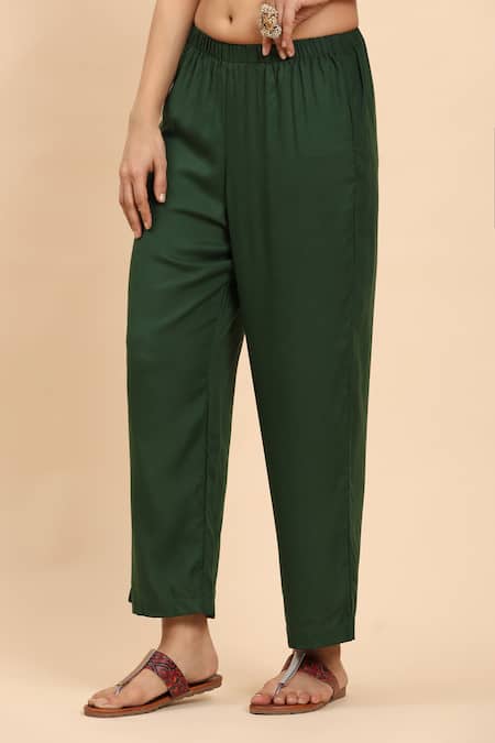 Buy_Mamicha_Green Cotton Embroidery Round Neck Diagonal Stripe Kurta Palazzo Set_Online_at_Aza_Fashions