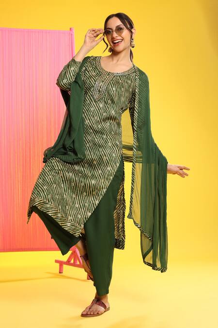 Shop_Mamicha_Green Cotton Embroidery Round Neck Diagonal Stripe Kurta Palazzo Set_Online_at_Aza_Fashions