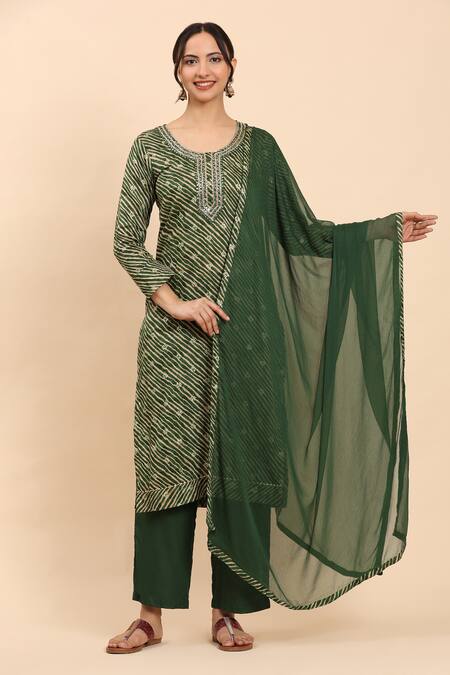 Mamicha_Green Cotton Embroidery Round Neck Diagonal Stripe Kurta Palazzo Set_at_Aza_Fashions