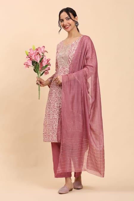 Shop Mamicha Pink Cotton, Chiffon Embroidery, Sequins Round Neck Paisley Kurta And Palazzo Set Online at Aza Fashions Shop_Mamicha_Pink Cotton, Chiffon Embroidery, Sequins Round Neck Paisley Kurta And Palazzo Set_Online_at_Aza_Fashions