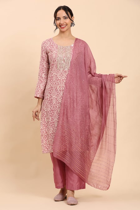 Mamicha Pink Cotton, Chiffon Embroidery, Sequins Round Neck Paisley Kurta And Palazzo Set at Aza Fashions Mamicha_Pink Cotton, Chiffon Embroidery, Sequins Round Neck Paisley Kurta And Palazzo Set_at_Aza_Fashions