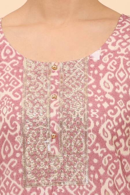 Buy Mamicha Pink Cotton, Chiffon Embroidery, Sequins Round Neck Paisley Kurta And Palazzo Set Buy_Mamicha_Pink Cotton, Chiffon Embroidery, Sequins Round Neck Paisley Kurta And Palazzo Set