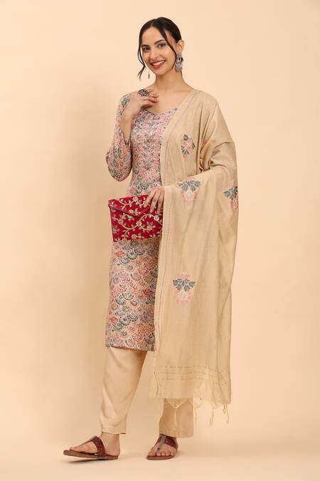 Mamicha_Beige Cotton Embroidery Round Neck Kurta Palazzo Set _Online_at_Aza_Fashions