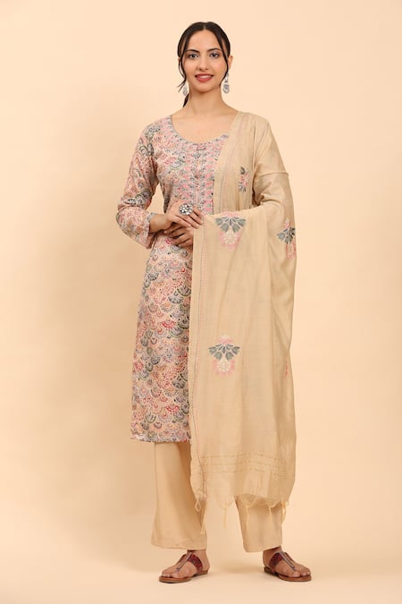 Buy_Mamicha_Beige Cotton Embroidery Round Neck Kurta Palazzo Set _Online_at_Aza_Fashions