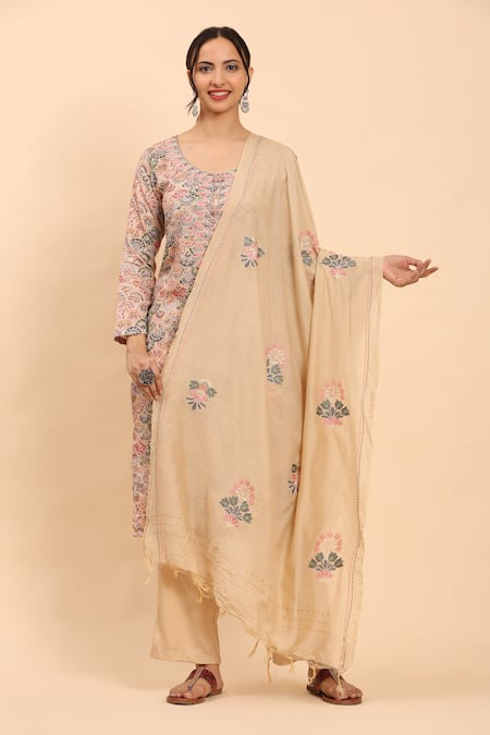 Shop_Mamicha_Beige Cotton Embroidery Round Neck Kurta Palazzo Set _Online_at_Aza_Fashions