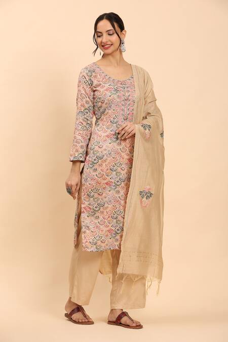 Mamicha_Beige Cotton Embroidery Round Neck Kurta Palazzo Set _at_Aza_Fashions