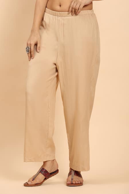 Buy_Mamicha_Beige Cotton Embroidery Round Neck Kurta Palazzo Set 