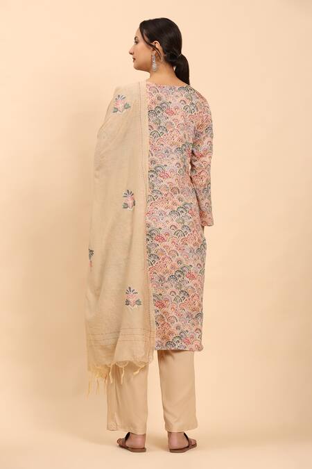 Shop_Mamicha_Beige Cotton Embroidery Round Neck Kurta Palazzo Set _at_Aza_Fashions