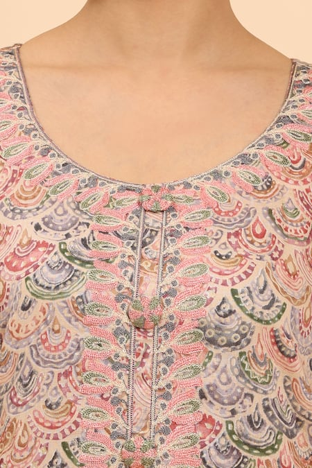 Shop_Mamicha_Beige Cotton Embroidery Round Neck Kurta Palazzo Set 