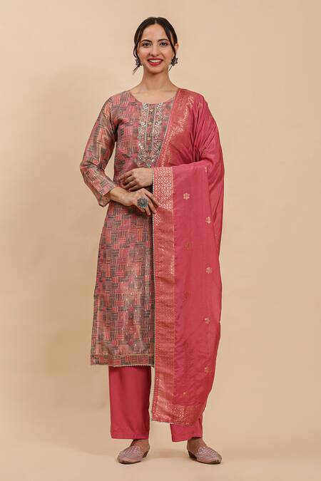 Mamicha Pink Cotton Cut Work Round Neck Geometric Printed Cutdana Kurta Palazzo Set at Aza Fashions Mamicha_Pink Cotton Cut Work Round Neck Geometric Printed Cutdana Kurta Palazzo Set_at_Aza_Fashions