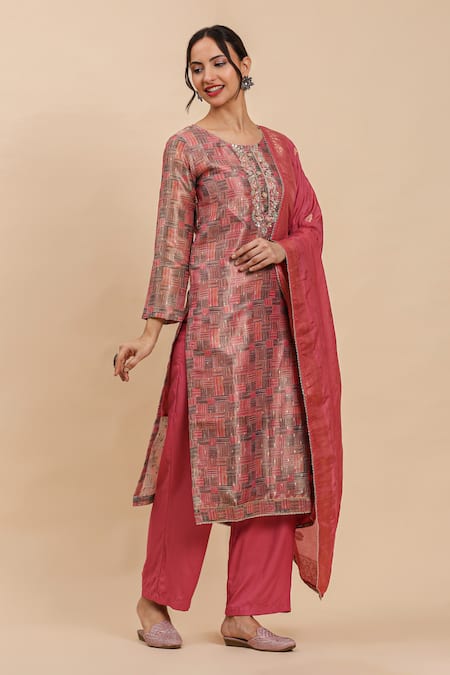 Buy Mamicha Pink Cotton Cut Work Round Neck Geometric Printed Cutdana Kurta Palazzo Set Buy_Mamicha_Pink Cotton Cut Work Round Neck Geometric Printed Cutdana Kurta Palazzo Set