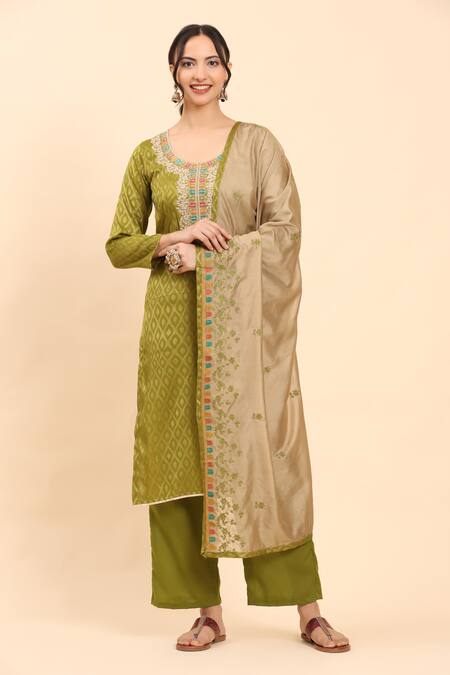 Shop Mamicha Green Cotton Embroidery Round Neck Geometric Woven Kurta Set Online at Aza Fashions Shop_Mamicha_Green Cotton Embroidery Round Neck Geometric Woven Kurta Set_Online_at_Aza_Fashions