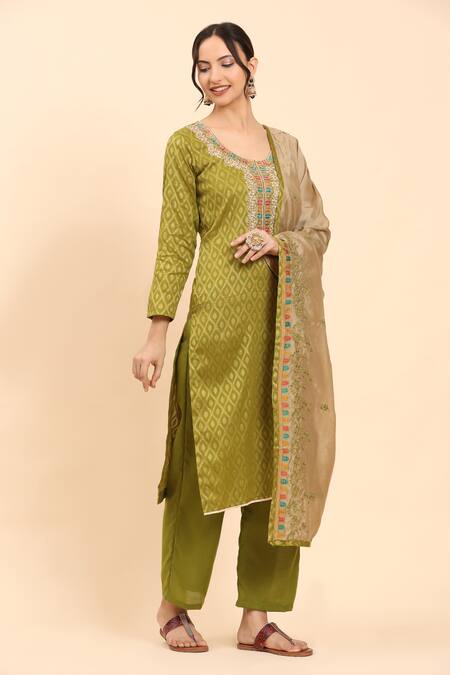 Shop Mamicha Green Cotton Embroidery Round Neck Geometric Woven Kurta Set Shop_Mamicha_Green Cotton Embroidery Round Neck Geometric Woven Kurta Set