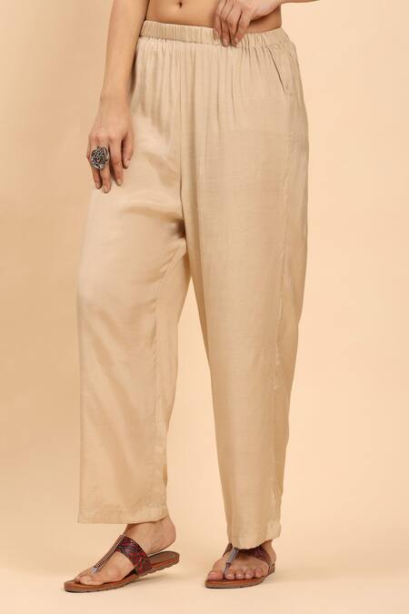 Mamicha_Beige Cotton Cut Work, Beads, Embroidery Round Neck Kurta Palazzo Set_Online_at_Aza_Fashions