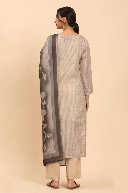 Shop_Mamicha_Beige Cotton Cut Work, Beads, Embroidery Round Neck Kurta Palazzo Set_at_Aza_Fashions