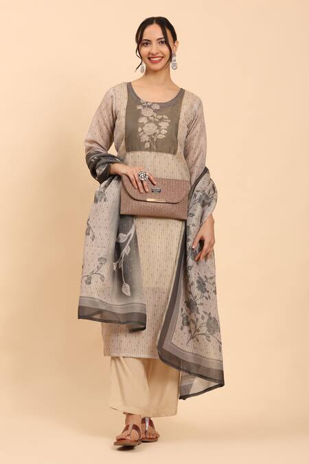 Shop_Mamicha_Beige Cotton Cut Work, Beads, Embroidery Round Neck Kurta Palazzo Set_Online_at_Aza_Fashions