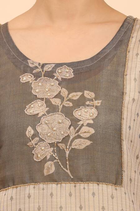 Mamicha_Beige Cotton Cut Work, Beads, Embroidery Round Neck Kurta Palazzo Set_at_Aza_Fashions