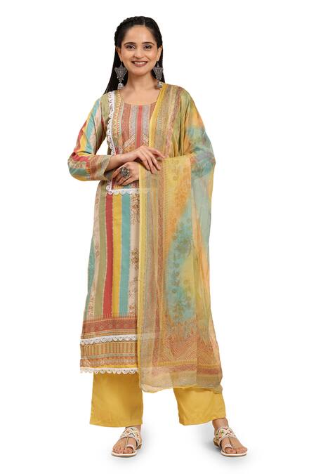 Buy Mamicha Multi Color Cotton, Chiffon Lace Round Neck Floral Vine Print Kurta Set Online at Aza Fashions Buy_Mamicha_Multi Color Cotton, Chiffon Lace Round Neck Floral Vine Print Kurta Set_Online_at_Aza_Fashions