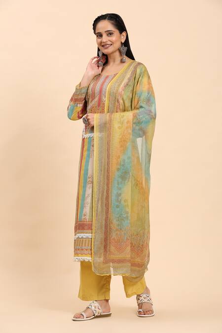 Shop Mamicha Multi Color Cotton, Chiffon Lace Round Neck Floral Vine Print Kurta Set Online at Aza Fashions Shop_Mamicha_Multi Color Cotton, Chiffon Lace Round Neck Floral Vine Print Kurta Set_Online_at_Aza_Fashions