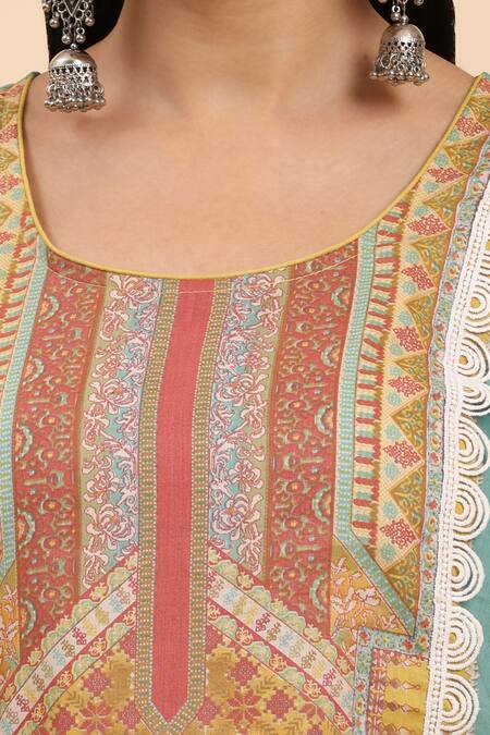 Mamicha Multi Color Cotton, Chiffon Lace Round Neck Floral Vine Print Kurta Set at Aza Fashions Mamicha_Multi Color Cotton, Chiffon Lace Round Neck Floral Vine Print Kurta Set_at_Aza_Fashions