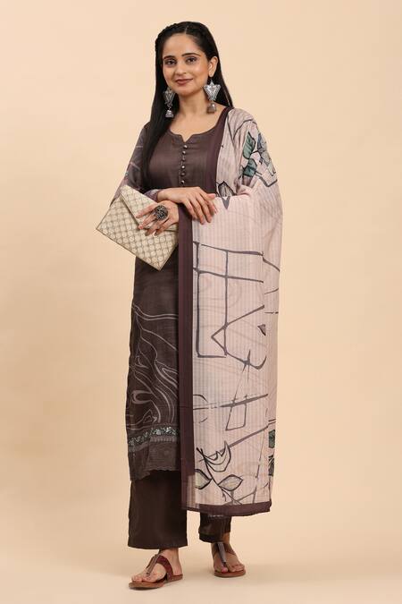 Mamicha Brown Cotton Embroidery Split V-neck Floral Vine Kurta Set Online at Aza Fashions Mamicha_Brown Cotton Embroidery Split V-neck Floral Vine Kurta Set_Online_at_Aza_Fashions