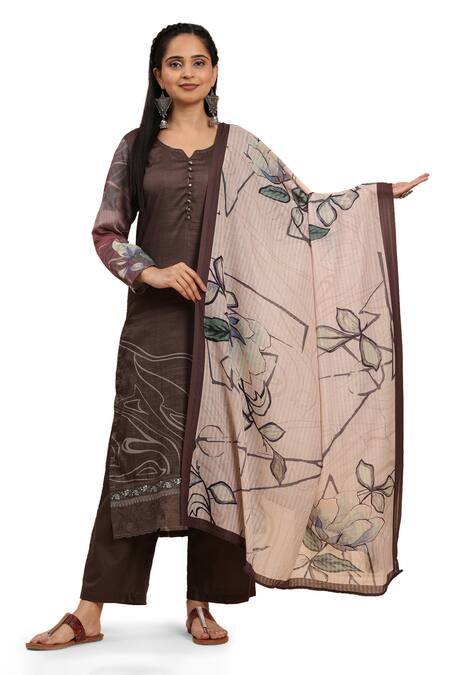 Buy Mamicha Brown Cotton Embroidery Split V-neck Floral Vine Kurta Set Online at Aza Fashions Buy_Mamicha_Brown Cotton Embroidery Split V-neck Floral Vine Kurta Set_Online_at_Aza_Fashions