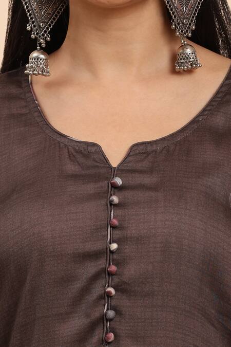 Buy Mamicha Brown Cotton Embroidery Split V-neck Floral Vine Kurta Set Buy_Mamicha_Brown Cotton Embroidery Split V-neck Floral Vine Kurta Set