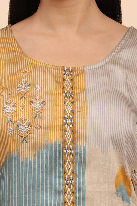 Mamicha Yellow Cotton Embroidery Round Neck Geometric Stripe Kurta Set Online at Aza Fashions Mamicha_Yellow Cotton Embroidery Round Neck Geometric Stripe Kurta Set_Online_at_Aza_Fashions