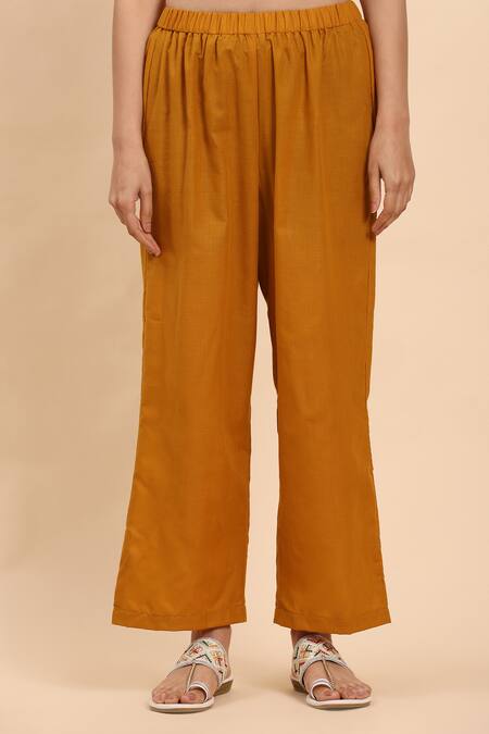 Shop Mamicha Yellow Cotton Embroidery Round Neck Geometric Stripe Kurta Set Online at Aza Fashions Shop_Mamicha_Yellow Cotton Embroidery Round Neck Geometric Stripe Kurta Set_Online_at_Aza_Fashions