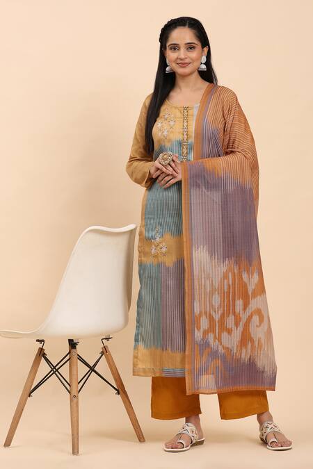 Buy Mamicha Yellow Cotton Embroidery Round Neck Geometric Stripe Kurta Set Buy_Mamicha_Yellow Cotton Embroidery Round Neck Geometric Stripe Kurta Set
