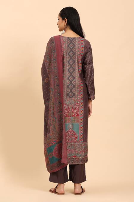 Shop Mamicha Brown Cotton Zari, Embroidery Round Neck Floral Paisley Kurta Set at Aza Fashions Shop_Mamicha_Brown Cotton Zari, Embroidery Round Neck Floral Paisley Kurta Set_at_Aza_Fashions