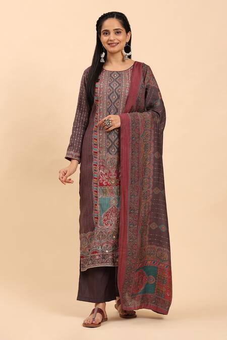 Buy Mamicha Brown Cotton Zari, Embroidery Round Neck Floral Paisley Kurta Set Online at Aza Fashions Buy_Mamicha_Brown Cotton Zari, Embroidery Round Neck Floral Paisley Kurta Set_Online_at_Aza_Fashions