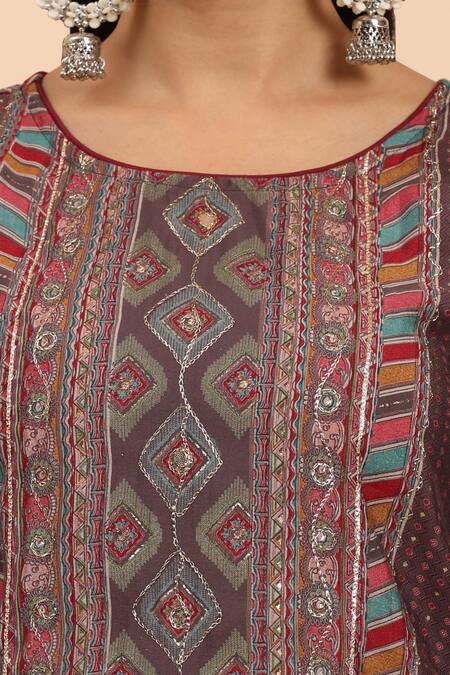 Shop Mamicha Brown Cotton Zari, Embroidery Round Neck Floral Paisley Kurta Set Online at Aza Fashions Shop_Mamicha_Brown Cotton Zari, Embroidery Round Neck Floral Paisley Kurta Set_Online_at_Aza_Fashions