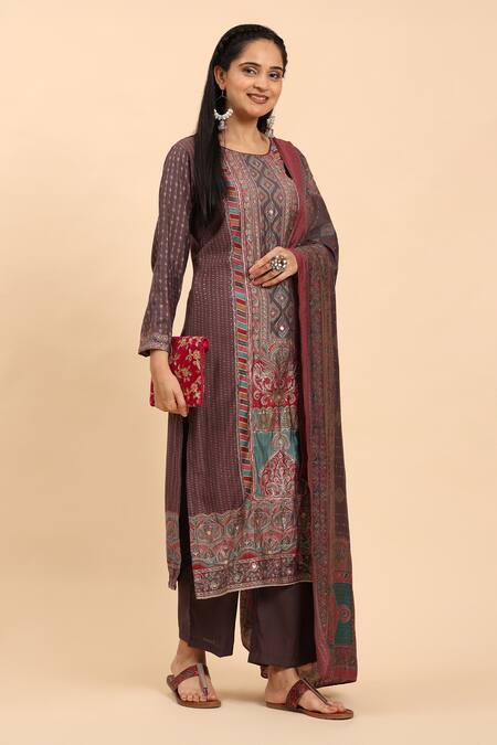 Buy Mamicha Brown Cotton Zari, Embroidery Round Neck Floral Paisley Kurta Set Buy_Mamicha_Brown Cotton Zari, Embroidery Round Neck Floral Paisley Kurta Set