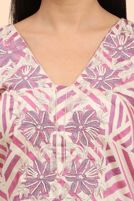 Shop Mamicha White Cotton, Chiffon Embroidery V-neck And Purple Kurta Set Online at Aza Fashions Shop_Mamicha_White Cotton, Chiffon Embroidery V-neck And Purple Kurta Set_Online_at_Aza_Fashions