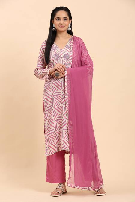 Mamicha White Cotton, Chiffon Embroidery V-neck And Purple Kurta Set at Aza Fashions Mamicha_White Cotton, Chiffon Embroidery V-neck And Purple Kurta Set_at_Aza_Fashions