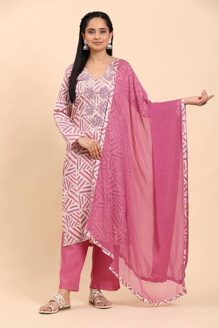 Buy Mamicha White Cotton, Chiffon Embroidery V-neck And Purple Kurta Set Buy_Mamicha_White Cotton, Chiffon Embroidery V-neck And Purple Kurta Set