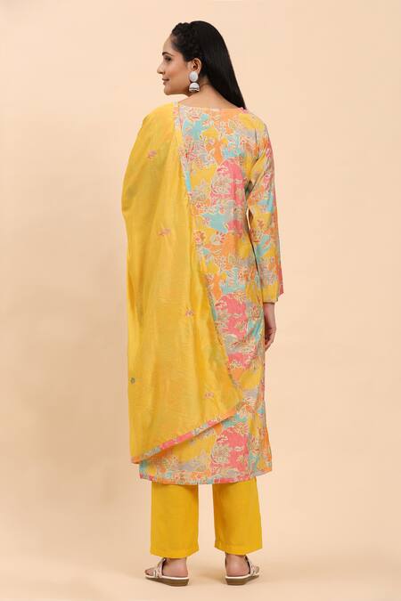 Shop_Mamicha_Multi Color Cotton Embroidery Round Neck Floral Bloom Print Kurta Palazzo Set_at_Aza_Fashions