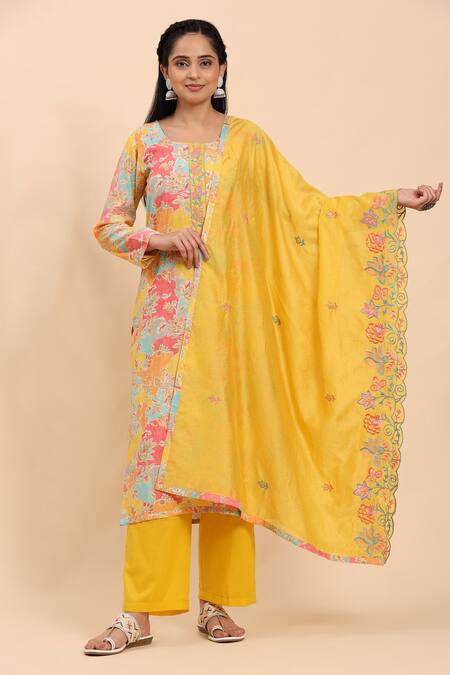 Shop_Mamicha_Multi Color Cotton Embroidery Round Neck Floral Bloom Print Kurta Palazzo Set_Online_at_Aza_Fashions