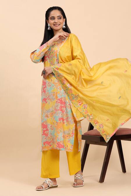 Mamicha_Multi Color Cotton Embroidery Round Neck Floral Bloom Print Kurta Palazzo Set_at_Aza_Fashions